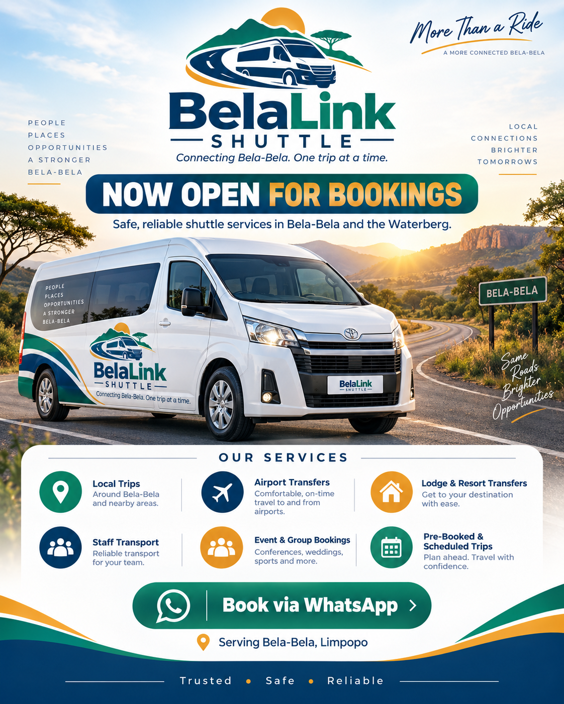 BelaLink Shuttle brand artwork with a branded shuttle and Waterberg landscape